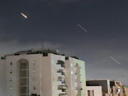 Israeli air defense systems intercept missiles fired from Iran, in central Israel, April 14, 2024. AP
