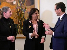 UN special representative on sexual violence in conflict Pramila Patten (center) meets with First Lady Michal Herzog (left) and President Isaac Herzog in Jerusalem on January 29, 2024. (Amos Ben-Gershom / GPO)