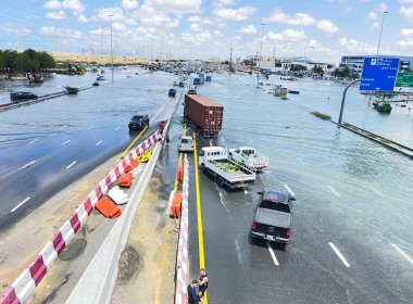Cars are left submerged in floodwaters after a rainstorm hit Dubai. Reuters