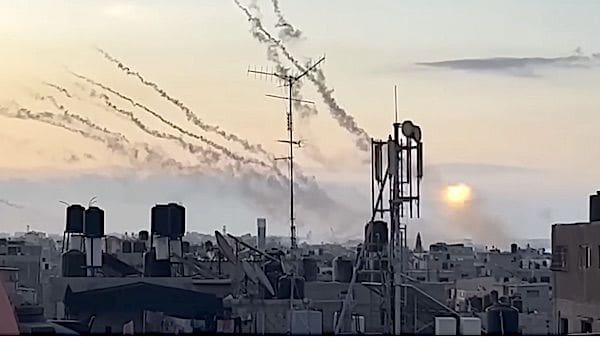 Muslim terrorists with Hamas fire a barrage of rockets against Israel on Saturday, Oct. 7, 2023. wnd.com