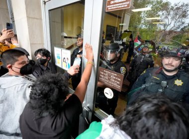 The police blocked pro-Palestinian demonstrators from entering a building on the University of California, Los Angeles, campus. AP