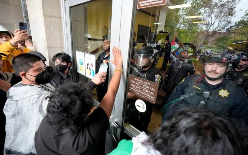 The police blocked pro-Palestinian demonstrators from entering a building on the University of California, Los Angeles, campus. AP