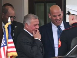 King Abdullah II of Jordan, second from left, departs the West Wing of the White House following a lunch meeting with President Joe Biden on May 6, 2024, in Washington. AFP