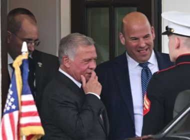 King Abdullah II of Jordan, second from left, departs the West Wing of the White House following a lunch meeting with President Joe Biden on May 6, 2024, in Washington. AFP
