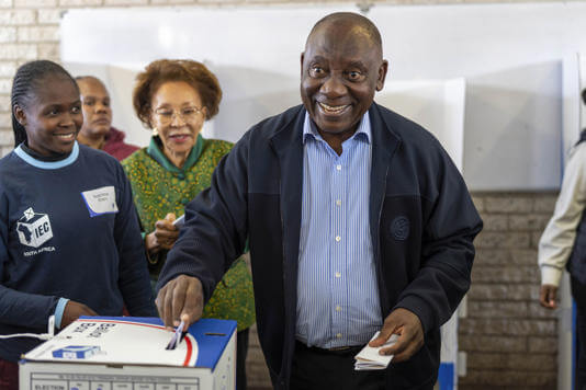 South African President Cyril Ramaphosa casts his ballot Wednesday May 29, 2024. AP