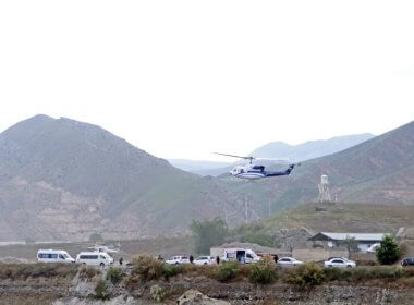 The helicopter carrying Iranian President Ebrahim Raisi takes off at the Iranian border with Azerbaijan after President Raisi and his Azeri counterpart Ilham Aliyev inaugurated dam of Qiz Qalasi, or Castel of Girl in Azeri, Iran, Sunday, May 19, 2024. IRNA