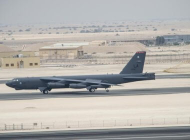 A U.S. Air Force B-52 bomber touches down at al-Udeid Air Base, Qatar. U.S. Air Force/Staff Sgt. Corey Hook