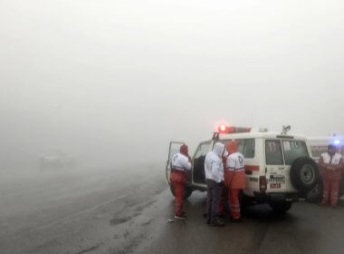 Rescue teams are seen near the site of the incident of the helicopter carrying Iranian President Ebrahim Raisi in Varzaghan in northwestern Iran, Sunday, May 19, 2024. Moj News Agency