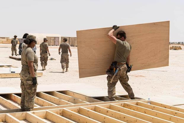 U.S. Army civil engineers build tent platforms at Prince Sultan Air Base, Saudi Arabia, on July 24, 2019. U.S. Air Force