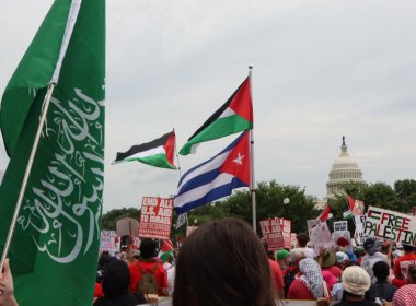 Anti-Israel protesters wave the flags of Hamas, Palestine, and the Cuban regime over Capitol Hill on July 24, 2024, in Washington, D.C. (Hudson Crozier/The Daily Signal)