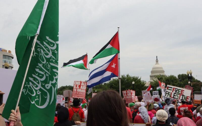 Anti-Israel protesters wave the flags of Hamas, Palestine, and the Cuban regime over Capitol Hill on July 24, 2024, in Washington, D.C. (Hudson Crozier/The Daily Signal)