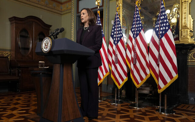 Vice President Kamala Harris speaks following a meeting with Israeli Prime Minister Benjamin Netanyahu at the Eisenhower Executive Office Building on the White House complex in Washington, Thursday, July 25, 2024. AP
