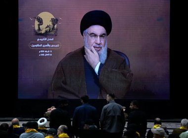 Hezbollah leader Hassan Nasrallah speaks in Beirut, Lebanon. AP