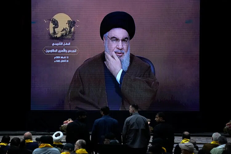 Hezbollah leader Hassan Nasrallah speaks in Beirut, Lebanon. AP