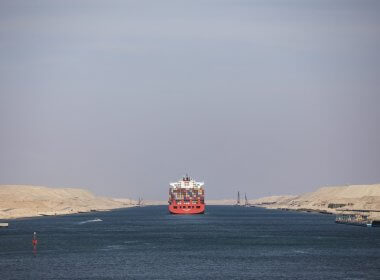 A container ship sails through the Suez Canal. dpa