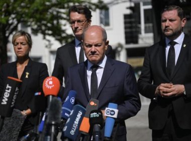 German Chancellor Olaf Scholz addresses the media in Solingen, Germany, August 26, 2024. AFP