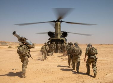 U.S. Army soldiers board a CH-47 Chinook helicopter after a live-fire exercise at Al Asad Air Base, Iraq, July 7, 2023. U.S. Army photo by Spc. Timothy VanDusen