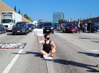 Protestors from IfNotNow Los Angeles shut down a portion of the 405 in West Los Angeles, near the Israeli consulate, during rush hour traffic. IfNotNow Los Angeles