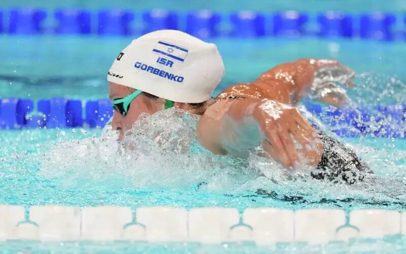 Anastasia Gorbenko, of Israel, competes during a heat in the women's 400-meter individual medley at the 2024 Summer Olympics, Monday, July 29, 2024, in Nanterre, France. AP