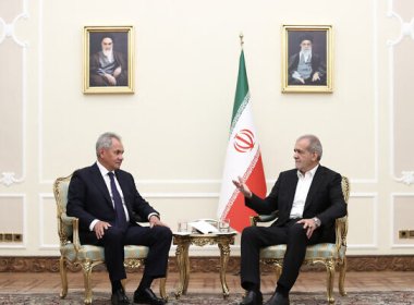 Iranian President Masoud Pezeshkian (R) meeting with Russia’s Security Council Secretary Sergei Shoigu, in Tehran, on August 5, 2024. AFP