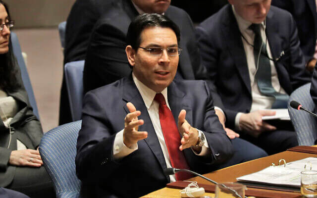 Israeli ambassador to the United Nations Danny Danon speaks during a Security Council meeting at United Nations headquarters on February 11, 2020. AP