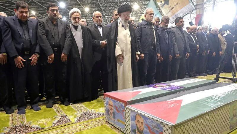 The Islamic Republic's Supreme Leader Ali Khamenei at the funeral of Ismail Haniyeh. Reuters