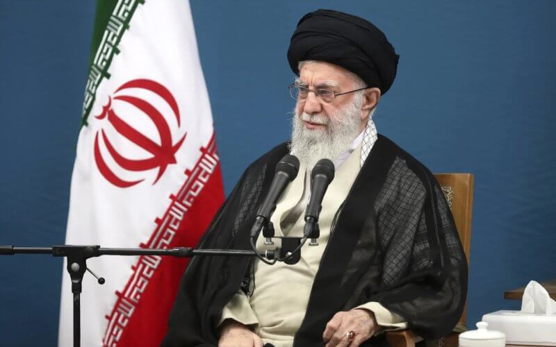 Ali Khamenei attends a meeting with members of President Masoud Pezeshkian's administration, in Tehran, Iran, Aug. 27, 2024. AP