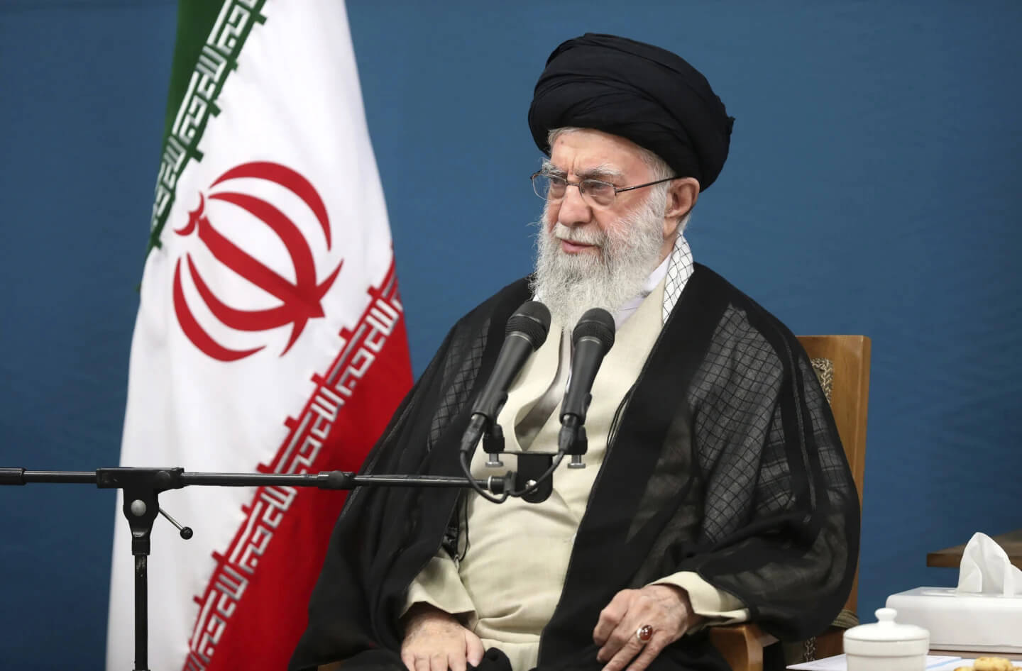 Ali Khamenei attends a meeting with members of President Masoud Pezeshkian's administration, in Tehran, Iran, Aug. 27, 2024. AP