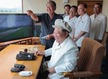 Kim Jong Un inspecting a performance test of attack drones on Saturday. KCNA