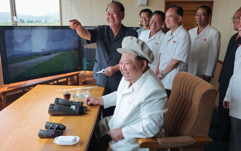 Kim Jong Un inspecting a performance test of attack drones on Saturday. KCNA