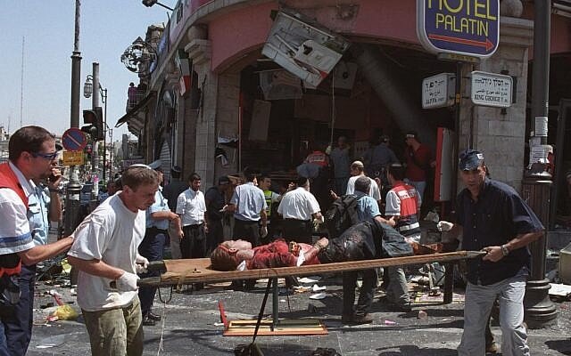 The aftermath of a suicide bombing at a Sbarro restaurant in Jerusalem in August 9, 2001, that killed 15 and wounded over 100 more. Flash90