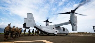 Marines with Alpha Company, 1st Battalion, 3rd Marine Regiment, board MV-22 Ospreys during a simulation of Operation Gotchic Serpent at landing zone Westfield, aboard MCB Hawaii, Dec. 10, 2016. Operation Gothic Serpent was a military operation conducted by U.S. special operations forces with the primary mission of capturing faction leader Mohamed Farrah Aidid. The operation occurred in Somalia, Africa, from August to October 1993. U.S. Marine Corps photo by Cpl. Aaron S. Patterson