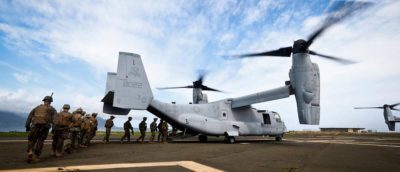 Marines with Alpha Company, 1st Battalion, 3rd Marine Regiment, board MV-22 Ospreys during a simulation of Operation Gotchic Serpent at landing zone Westfield, aboard MCB Hawaii, Dec. 10, 2016. Operation Gothic Serpent was a military operation conducted by U.S. special operations forces with the primary mission of capturing faction leader Mohamed Farrah Aidid. The operation occurred in Somalia, Africa, from August to October 1993. U.S. Marine Corps photo by Cpl. Aaron S. Patterson