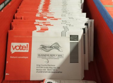 Mail-in ballots are shown in a sorting tray in King County, WA. AP