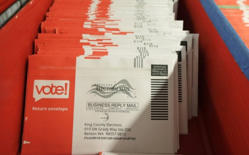 Mail-in ballots are shown in a sorting tray in King County, WA. AP