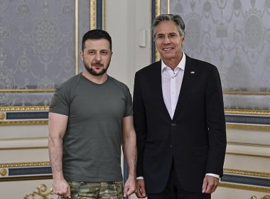 US Secretary of State Antony Blinken, right, poses with Ukrainian President Volodymyr Zelensky. AP