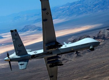 An MQ-9 Reaper remotely piloted drone aircraft performs aerial maneuvers over Creech Air Force Base, Nevada. U.S. Air Force