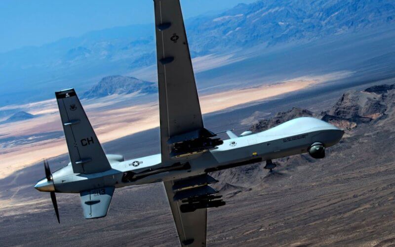 An MQ-9 Reaper remotely piloted drone aircraft performs aerial maneuvers over Creech Air Force Base, Nevada. U.S. Air Force