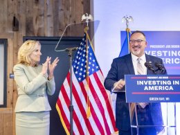 Secretary of Education Miguel Cardona introduces First Lady Jill Biden at a Workforce Development event, Friday, February 16, 2024, at LiveX in Green Bay, Wisconsin. Erin Scott | White House