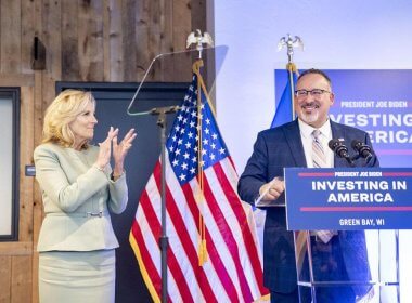 Secretary of Education Miguel Cardona introduces First Lady Jill Biden at a Workforce Development event, Friday, February 16, 2024, at LiveX in Green Bay, Wisconsin. Erin Scott | White House