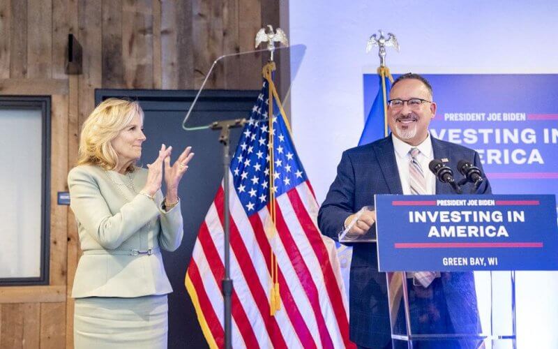 Secretary of Education Miguel Cardona introduces First Lady Jill Biden at a Workforce Development event, Friday, February 16, 2024, at LiveX in Green Bay, Wisconsin. Erin Scott | White House