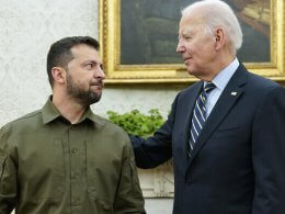 U.S. President Joe Biden, right, meets with Ukrainian President Volodymyr Zelensky in the Oval Office of the White House, September 21, 2023. AP