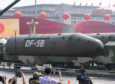 Vehicles carrying DF-5B intercontinental ballistic missiles participate in a military parade at Tiananmen Square in Beijing. AFP