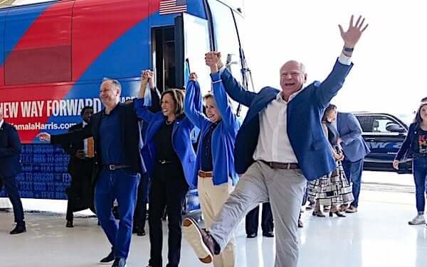 Kamala Harris, Gov. Tim Walz, Second Gentleman Doug Emhoff and Mrs. Walz greet supporters at a hangar at Pittsburgh International Airport, Pennsylvania, Sunday, Aug. 18, 2024. wnd.com