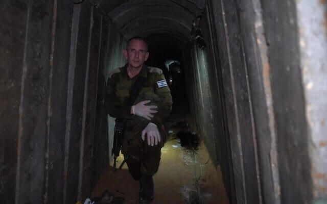 IDF Spokesperson Daniel Hagari in a tunnel where six Israeli hostages were murdered. IDF