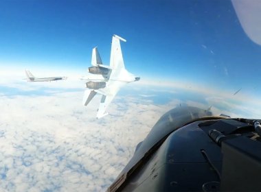 A Russian SU-35 aircraft performs what the U.S. Air Force called a dangerous maneuver directed at a U.S. F-16 over Alaska on Sept. 23. NORAD