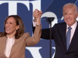 President Joe Biden and Vice President Kamala Harris enjoy the moment following his speech at the Democratic National Convention in Chicago on Monday, Aug. 19, 2024. facebook.com