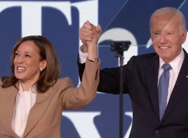 President Joe Biden and Vice President Kamala Harris enjoy the moment following his speech at the Democratic National Convention in Chicago on Monday, Aug. 19, 2024. facebook.com