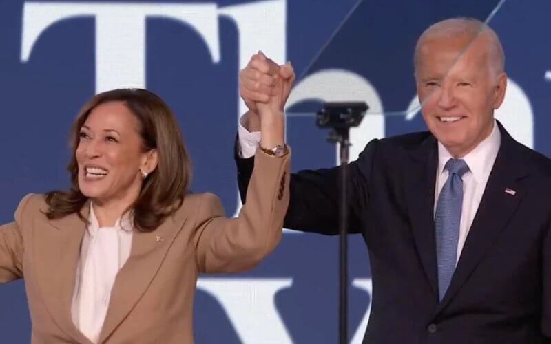 President Joe Biden and Vice President Kamala Harris enjoy the moment following his speech at the Democratic National Convention in Chicago on Monday, Aug. 19, 2024. facebook.com