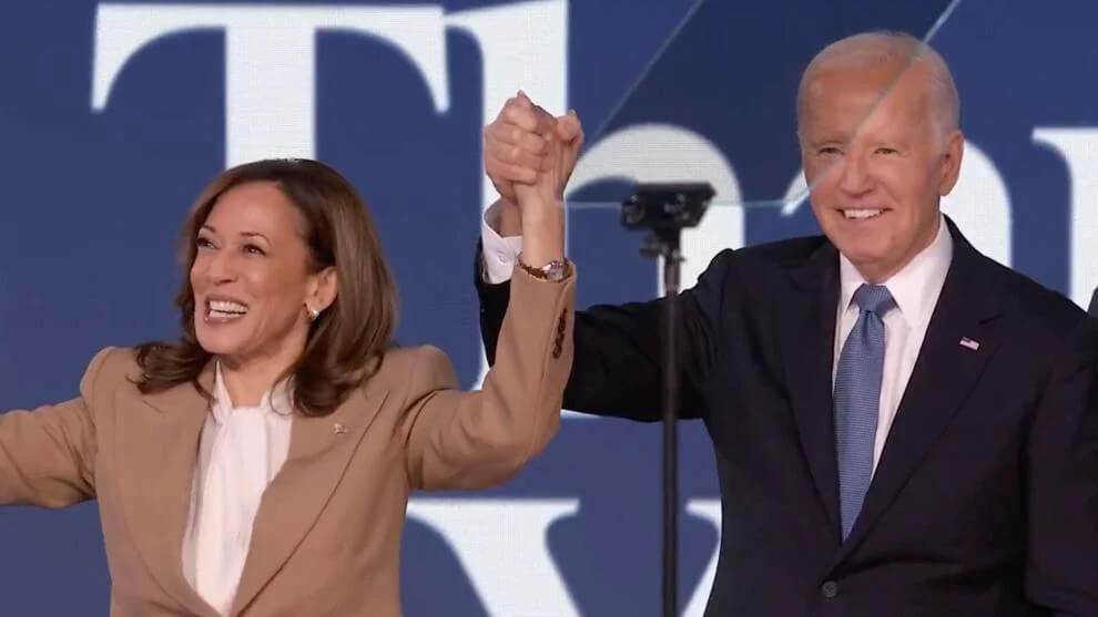 President Joe Biden and Vice President Kamala Harris enjoy the moment following his speech at the Democratic National Convention in Chicago on Monday, Aug. 19, 2024. facebook.com